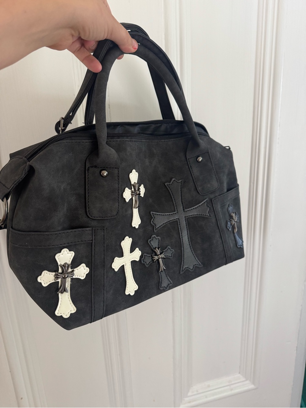 Black Satchel Handbag with Cross Appliqués
